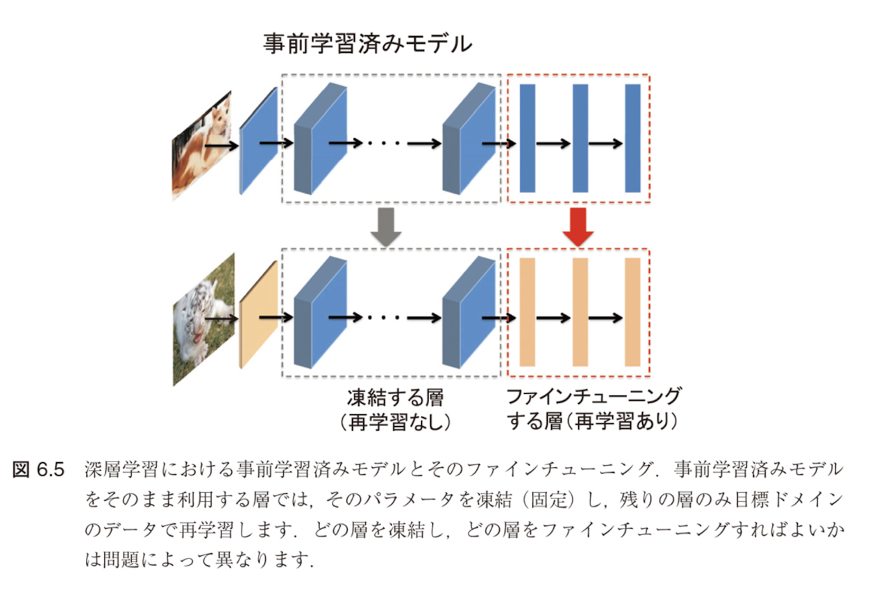 図6.5 深層学習における事前学習済みモデルとそのファインチューニング